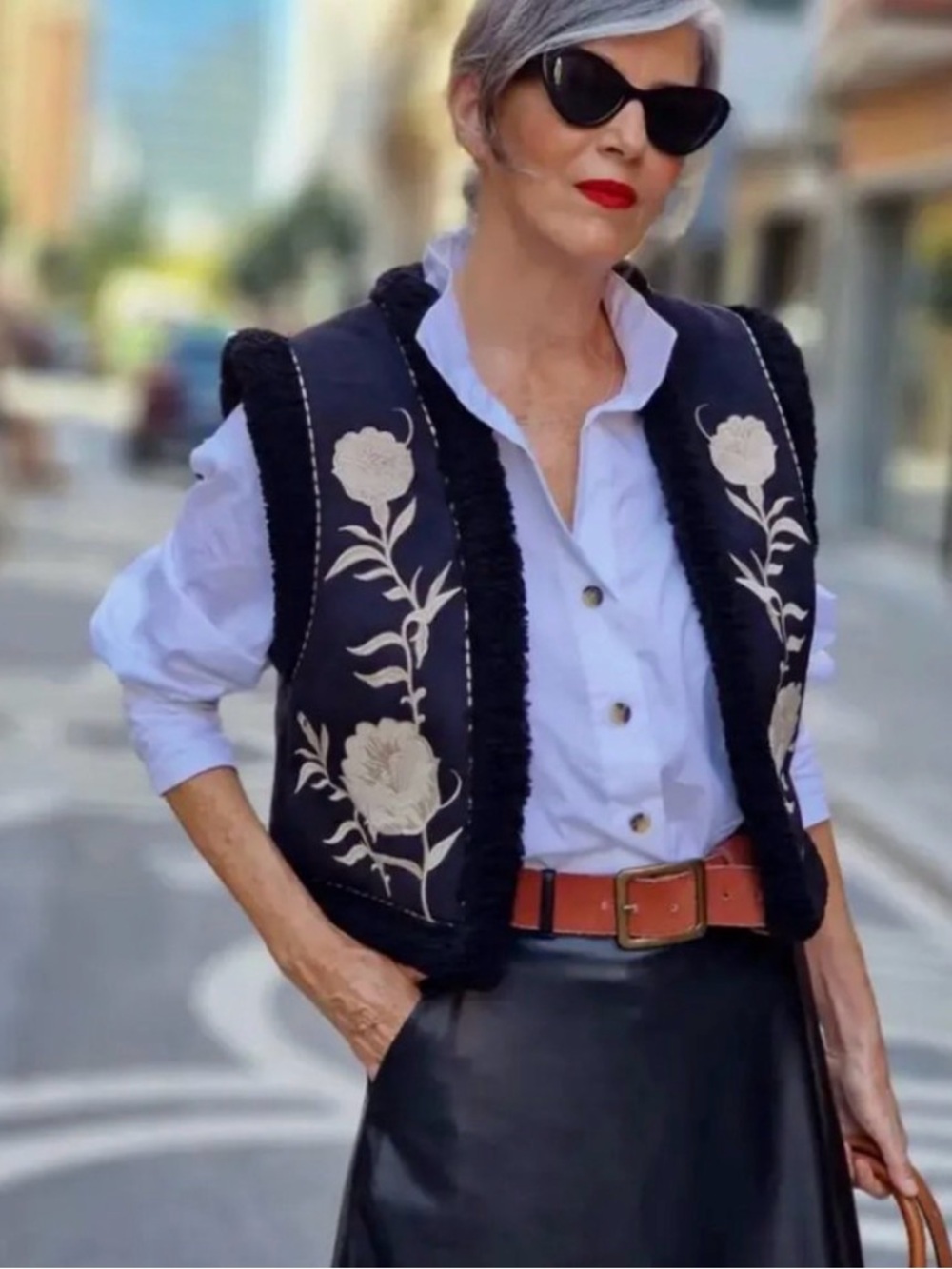 Zara Black Double Faced Vest with Sherpa and Cream Floral Embroidery